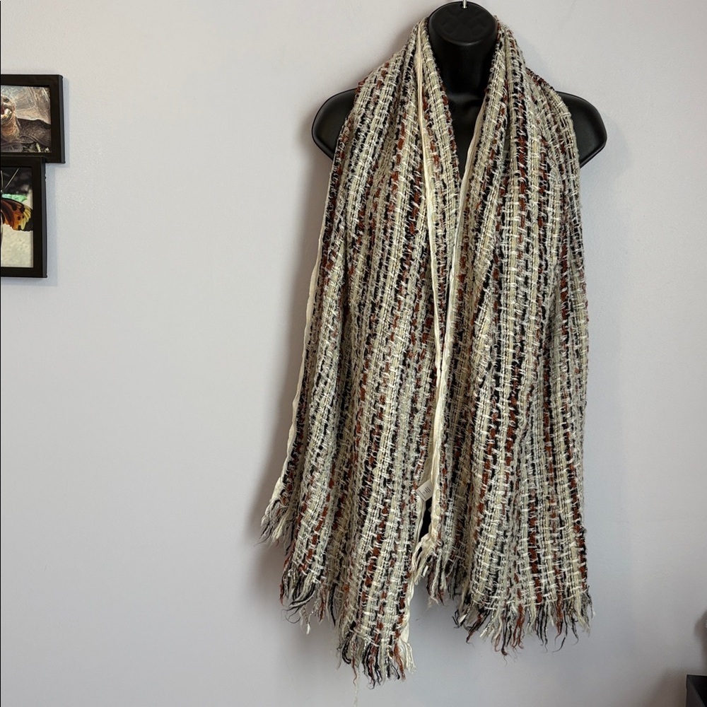 LOFT Boho Distressed Knit Woven Large Scarf Brown Cream Gold Orange
